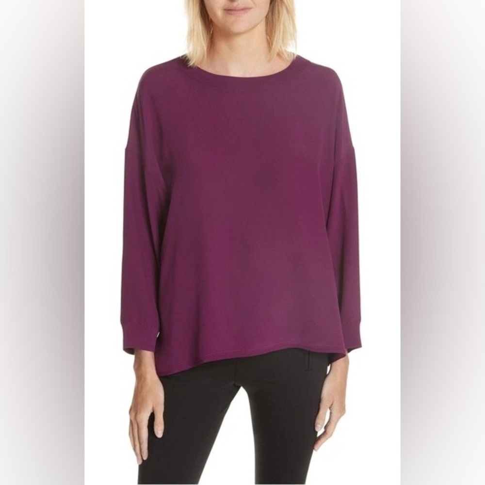 Vince Rib Trim Silk Blouse in Mulberry